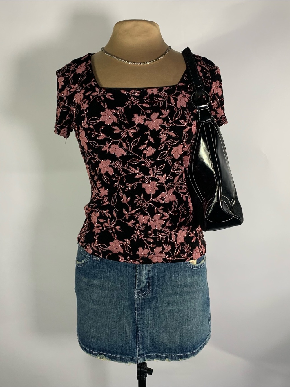 Vintage Pink Floral Square Neck Top Stretch Fairycore Cottagecore Tee J.B.S Ltd